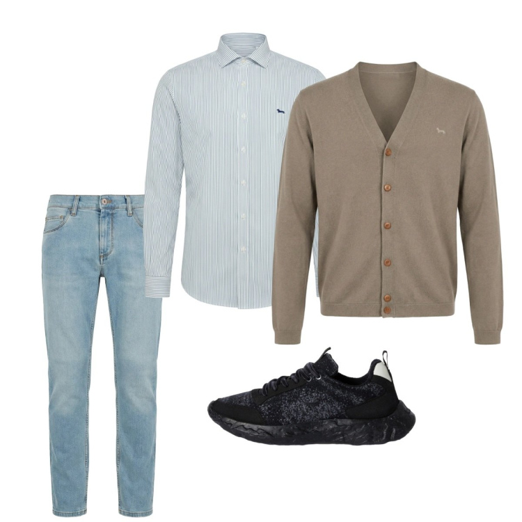 Outfit uomo - Marzo. Stile Casual per Tutti i giorni. Abbinamento con jeans slim fit, cardigans, sneakers, camicie.
