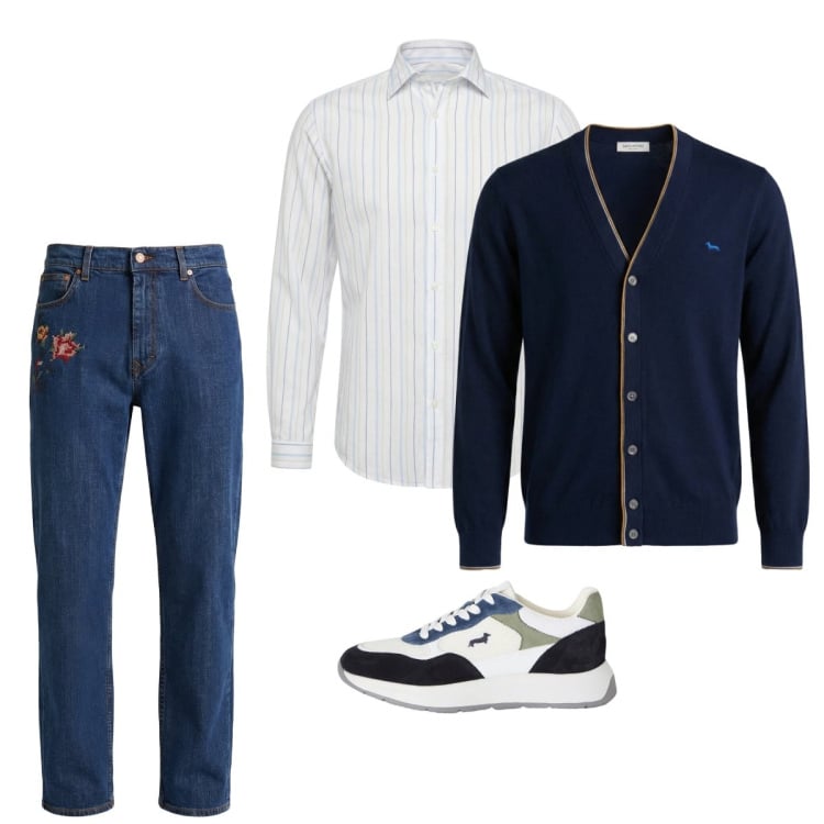 Outfit uomo - Marzo. Stile Casual per Tutti i giorni. Abbinamento con sneakers, camicie, jeans, cardigans.