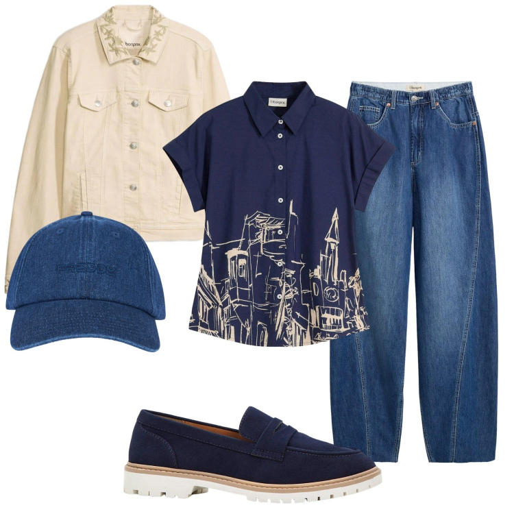 Outfit donna - Skyliner. Stile Casual per Tutti i giorni. Abbinamento con camicie a manica corta, mocassini, jeans, cappotti, cappelli con visiera.