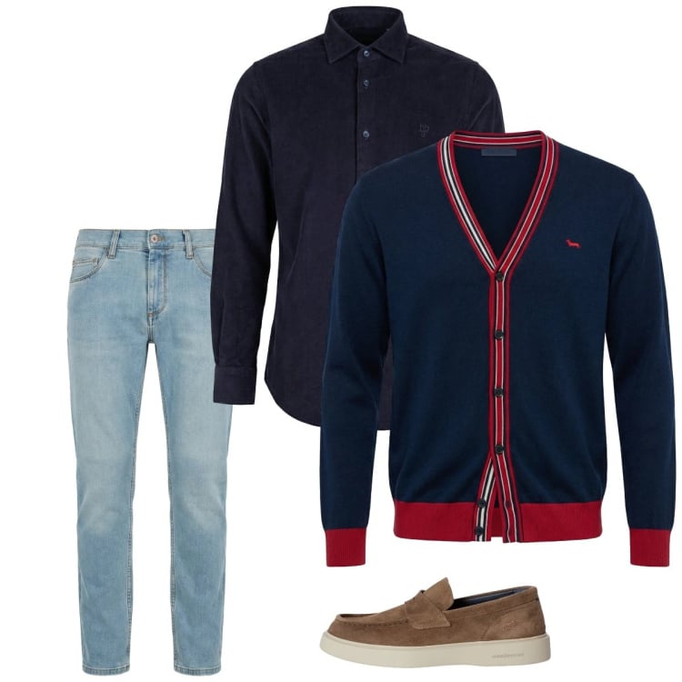 Outfit uomo - Marzo. Stile Casual per Tutti i giorni. Abbinamento con jeans slim fit, cardigans, scarpe stringate, camicie.