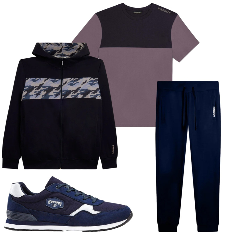 Outfit uomo - Total look #2374603. Stile Trendy per Tutti i giorni. Abbinamento con sneakers, t-shirt, felpe con cappuccio, pantaloni.