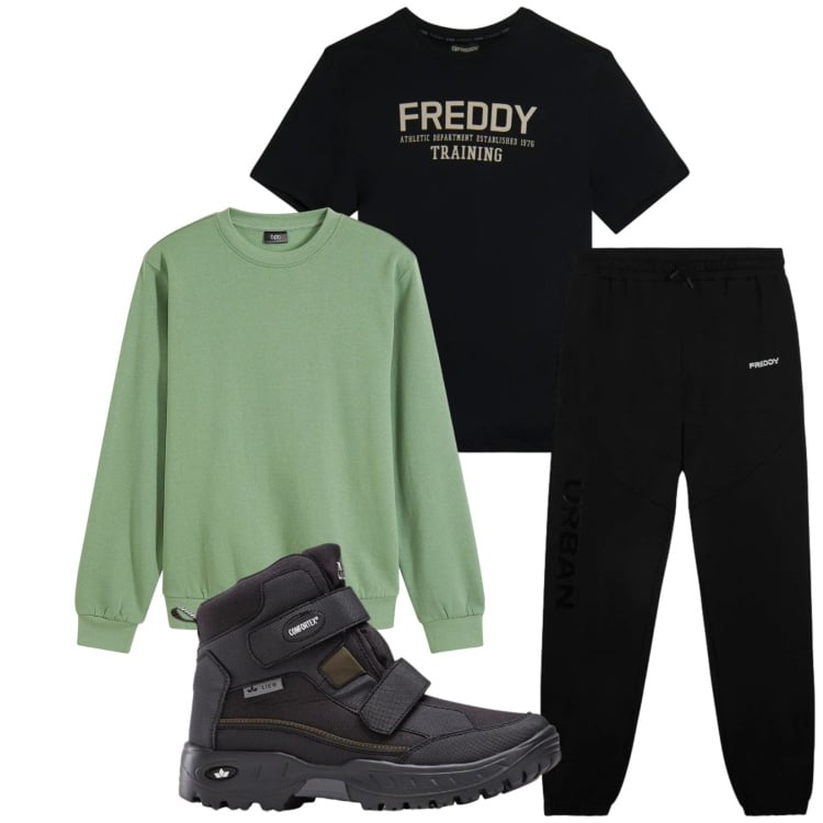 Outfit uomo - Total look #2374609. Stile Trendy per Sport. Abbinamento con stivali e stivaletti, felpe, t-shirt, pantaloni.