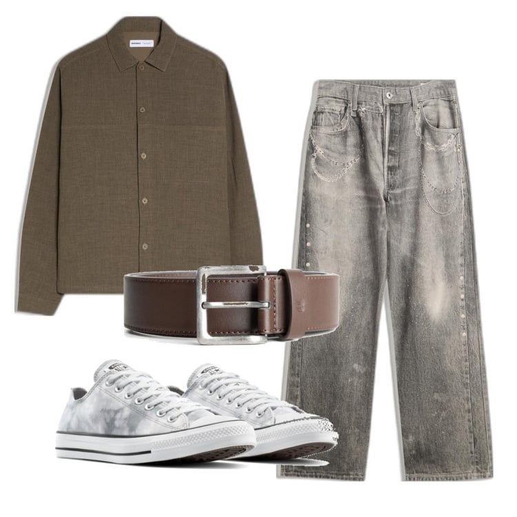 Outfit hombre - Casual #6343. Estilo Casual para Todos los días. Combinación con sneakers, vaqueros, cinturones, camisas.