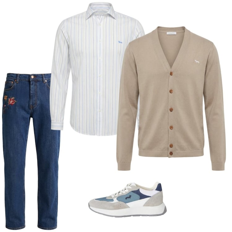Outfit uomo - Marzo. Stile Casual per Tutti i giorni. Abbinamento con sneakers, camicie, jeans, cardigans.