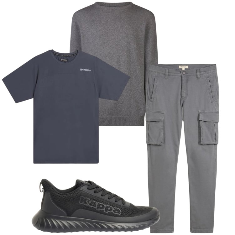 Outfit uomo - Total look #2374634. Stile Trendy per Tutti i giorni. Abbinamento con pantaloni cargo, sneakers, t-shirt sportive, maglieria.