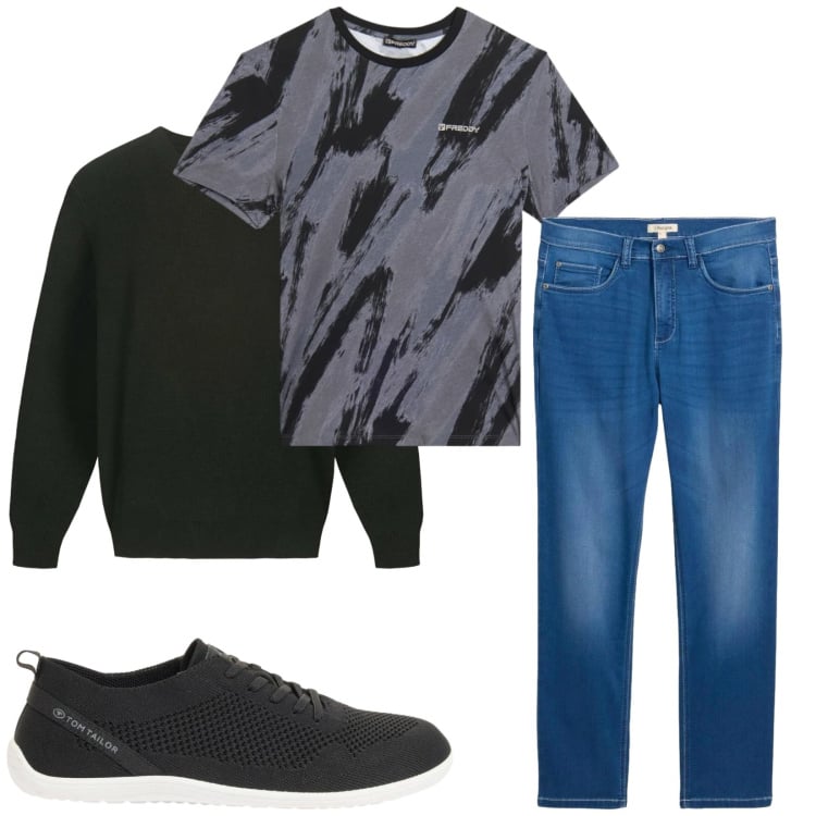 Outfit uomo - Total look #2374642. Stile Casual per Tutti i giorni. Abbinamento con sneakers, jeans dritti, t-shirt, maglieria.