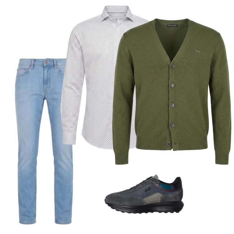 Outfit uomo - Marzo. Stile Casual per Tutti i giorni. Abbinamento con camicie, jeans, sneakers, cardigans.