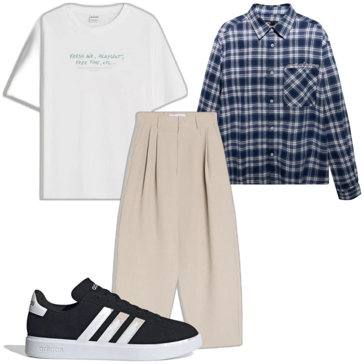 Outfit hombre - Casual. Estilo Casual para Todos los días. Combinación con sneakers, camiseta, camisas, pantalones.