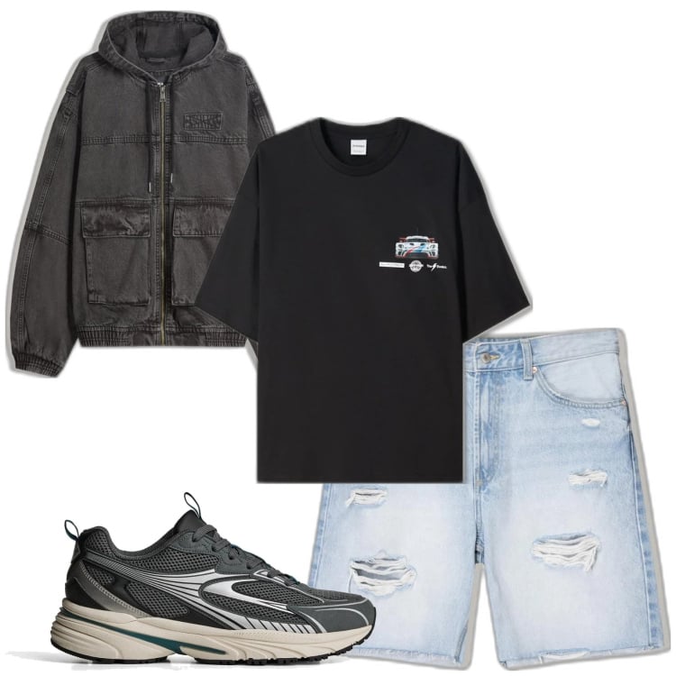 Outfit hombre - Casual. Estilo Casual para Todos los días. Combinación con bermudas, chaquetas, camiseta, sneakers.