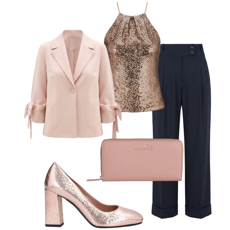 Outfit donna - Ordinata e precisa. Stile Bon Ton per Serata fuori. Abbinamento con décolleté, portafogli, pantaloni, canottiere, blazer.