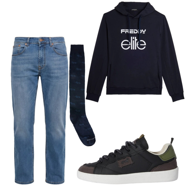 Outfit uomo - Total look #2374665. Stile Casual per Tutti i giorni. Abbinamento con calzini, sneakers, jeans, felpe con cappuccio.