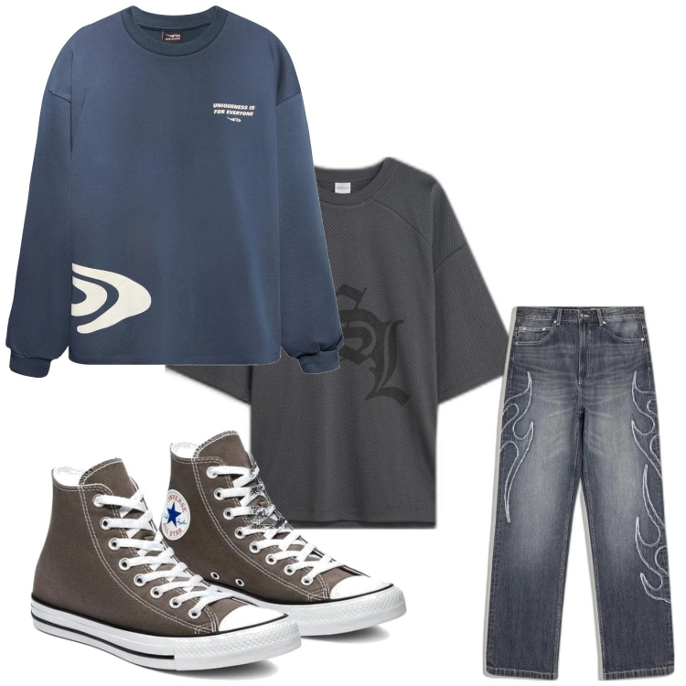 Outfit hombre - Casual. Estilo Casual para Todos los días. Combinación con sneakers, camiseta, vaqueros, camiseta.
