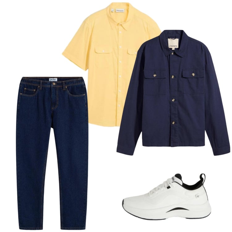 Outfit uomo - Total look #2374673. Stile Trendy per Tutti i giorni. Abbinamento con jeans dritti, giacche, camicie a manica corta, sneakers.