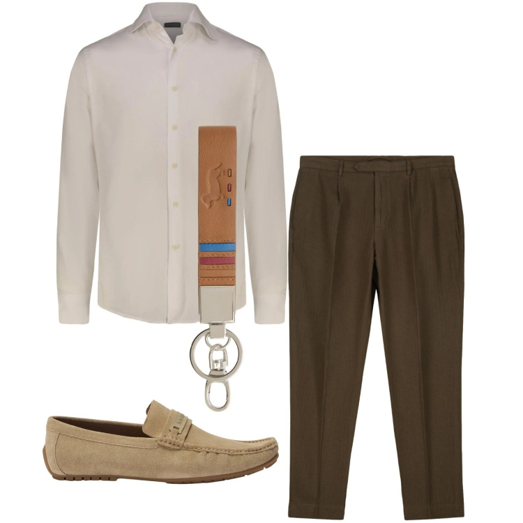 Outfit uomo - Distinto casual. Stile Casual per Tutti i giorni. Abbinamento con portachiavi, scarpe stringate, pantaloni, camicie.