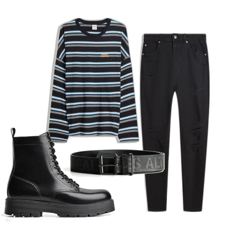 Outfit hombre - Biker Rock #77. Estilo Biker Rock para Todos los días. Combinación con cinturones, vaqueros rotos, camiseta, botas y botines.