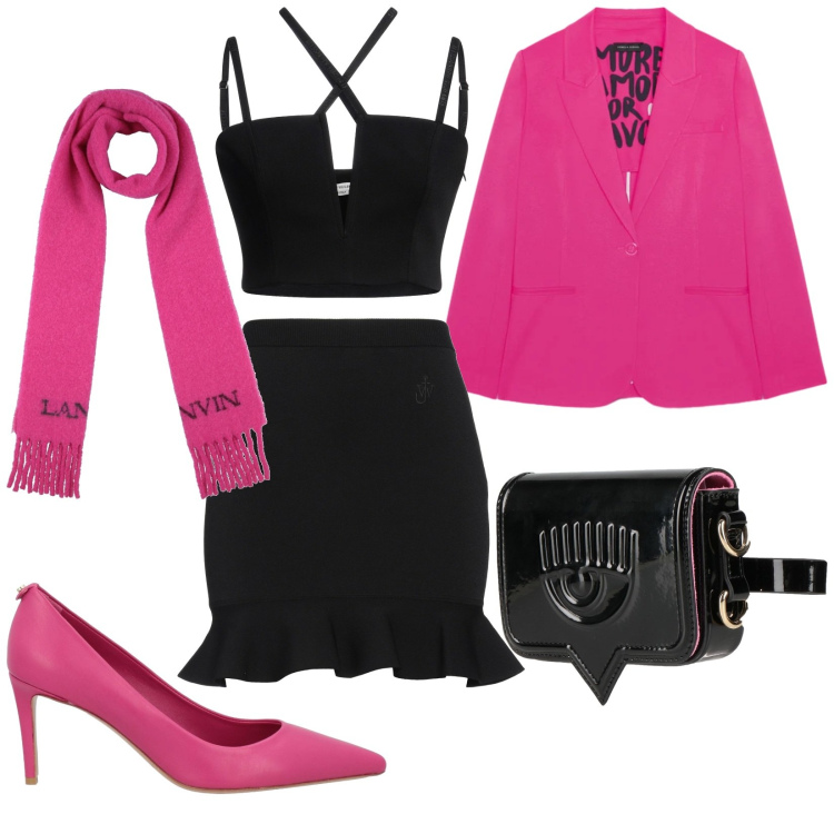 Outfit donna - Ripensare ai fluo. Stile Glamour per Serata fuori. Abbinamento con minigonne, sciarpe, marsupi, top, décolleté, blazer.