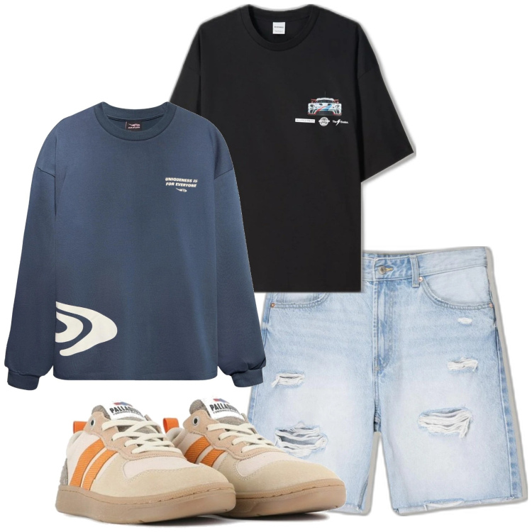 Outfit hombre - Casual. Estilo Casual para Todos los días. Combinación con bermudas, camiseta, sneakers, camiseta.
