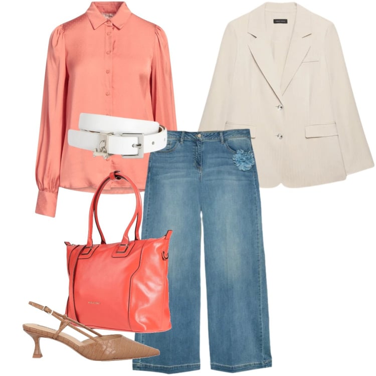 Outfit donna - Vai col pesca. Stile Casual chic per Tutti i giorni. Abbinamento con zaini, camicie, décolleté, jeans, blazer, cinture.