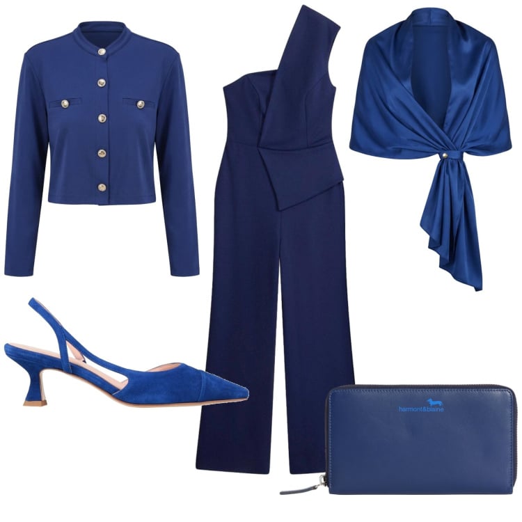 Outfit donna - Notte blu. Stile Chic per Serata fuori. Abbinamento con décolleté, tute, portafogli, cardigans, stole.