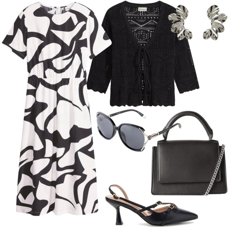 Outfit donna - Primavera in bianco e nero. Stile Chic per Tutti i giorni. Abbinamento con cardigans, occhiali da sole, vestiti midi/longuette, borse a tracolla, orecchini, décolleté.