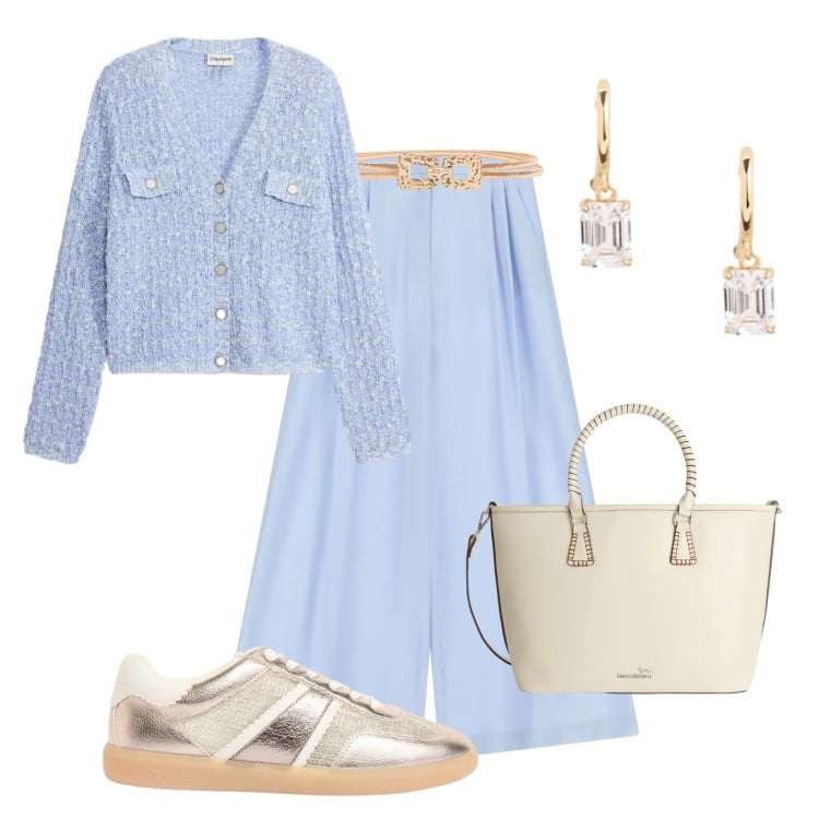 Outfit donna - Pantaloni fluidi cielo. Stile Casual chic per Tutti i giorni. Abbinamento con cardigans, sneakers, shopping bag, pantaloni a palazzo, cinture, orecchini.