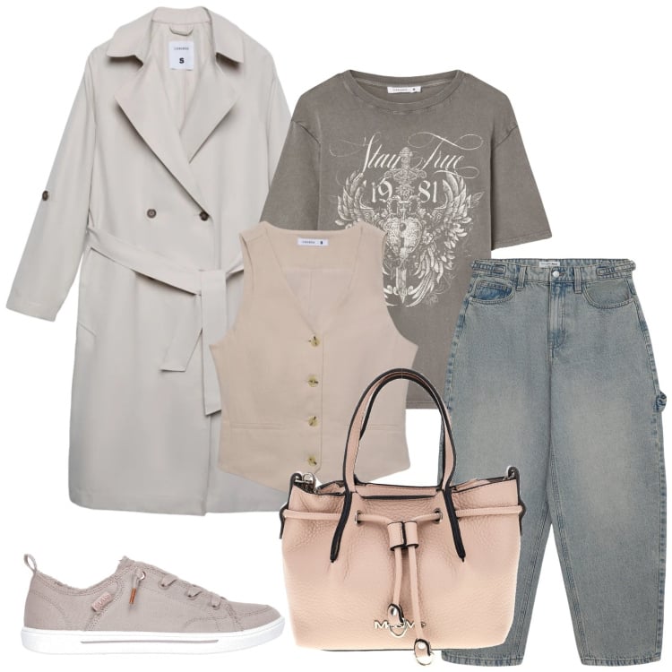 Outfit donna - City. Stile Casual chic per Tutti i giorni. Abbinamento con trench, borse a tracolla, sneakers, jeans, t-shirt, gilet.