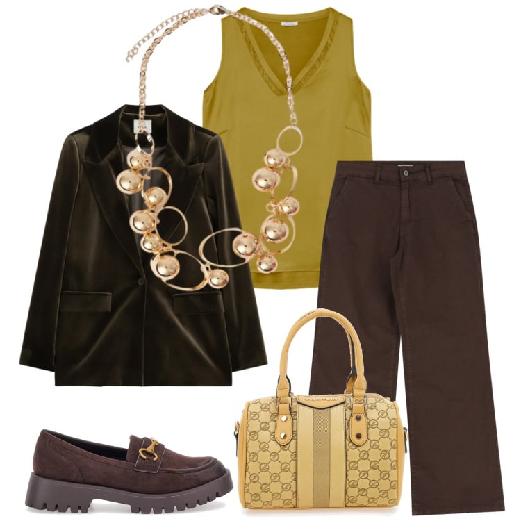 Outfit donna - Total look #2374740. Stile Casual chic per Scuola/Università. Abbinamento con collane, top, jeans, blazer, mocassini, borse a spalla.