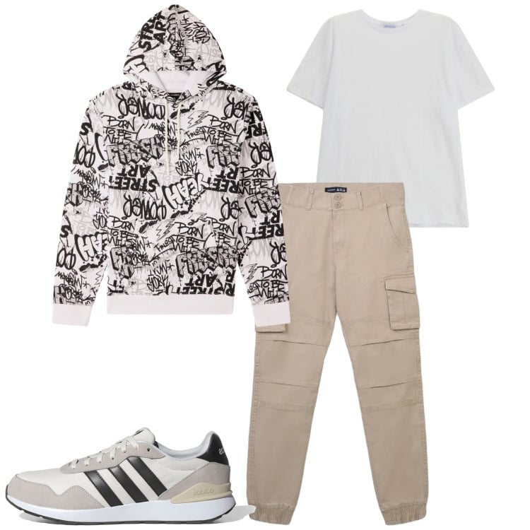 Outfit uomo - Total look #2374758. Stile Trendy per Tutti i giorni. Abbinamento con t-shirt, pantaloni cargo, felpe con cappuccio, sneakers.