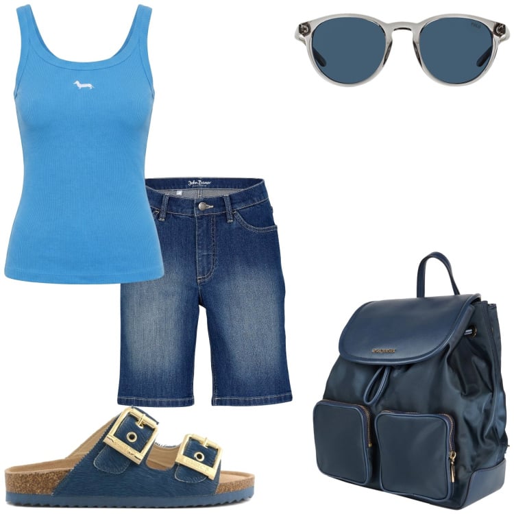 Outfit donna - Bermuda jeans. Stile Casual per Tutti i giorni. Abbinamento con zaini, bermuda, canottiere, occhiali da sole, sandali in pelle.