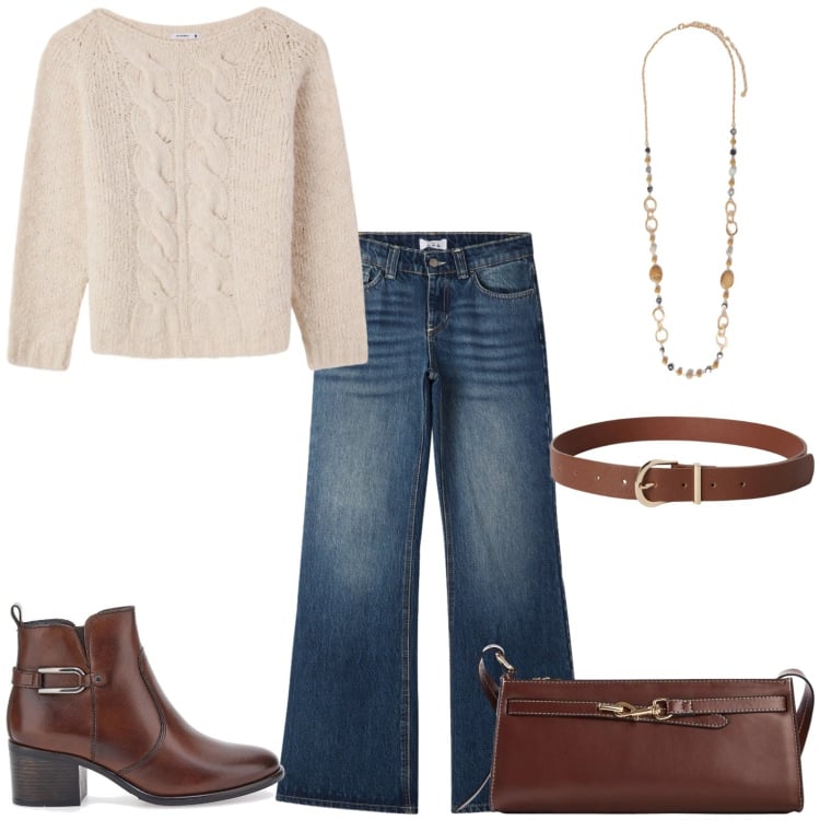 Outfit donna - Ultimi giorni di freddo. Stile Casual per Tutti i giorni. Abbinamento con borse a tracolla, collane, cinture, stivaletti, jeans, pullovers.