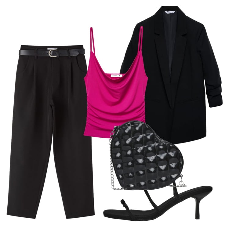 Outfit donna - Nero e fucsia. Stile Basic per Tutti i giorni. Abbinamento con blazer, pantaloni, canottiere, borse a tracolla, sandali col tacco.