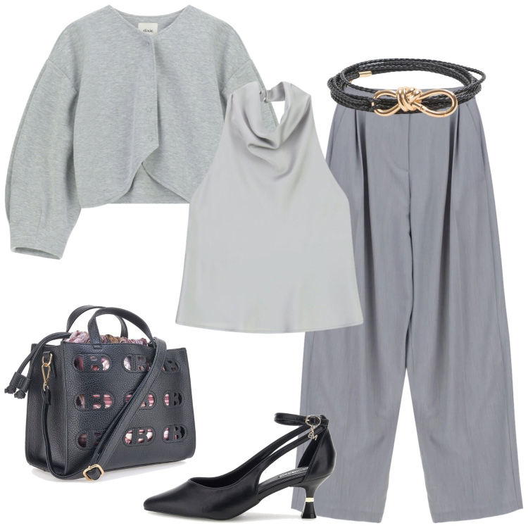 Outfit donna - Il ritorno del grigio in primavera. Stile Casual per Tutti i giorni. Abbinamento con pantaloni a palazzo, top, cappotti, borse a mano, cinture, décolleté.