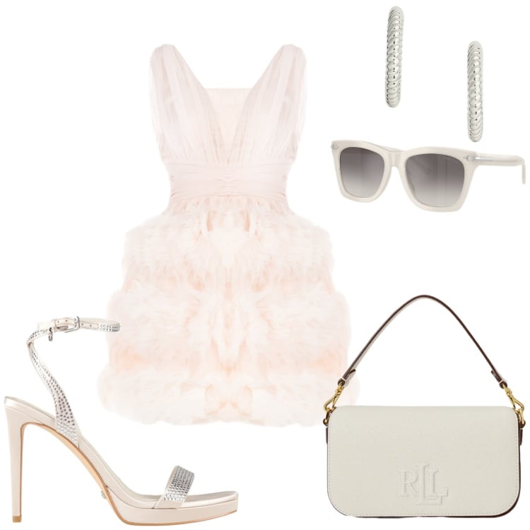 Outfit donna - Bianco. Stile Chic per Cerimonia. Abbinamento con sandali col tacco, vestiti corti, occhiali da sole, orecchini, borse a spalla.