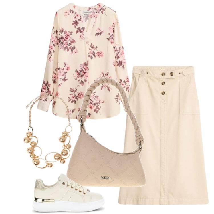 Outfit donna - Curve in movimento - curvy. Stile Romantica per Tutti i giorni. Abbinamento con gonne longuette, bluse, collane, borse a mano, sneakers.