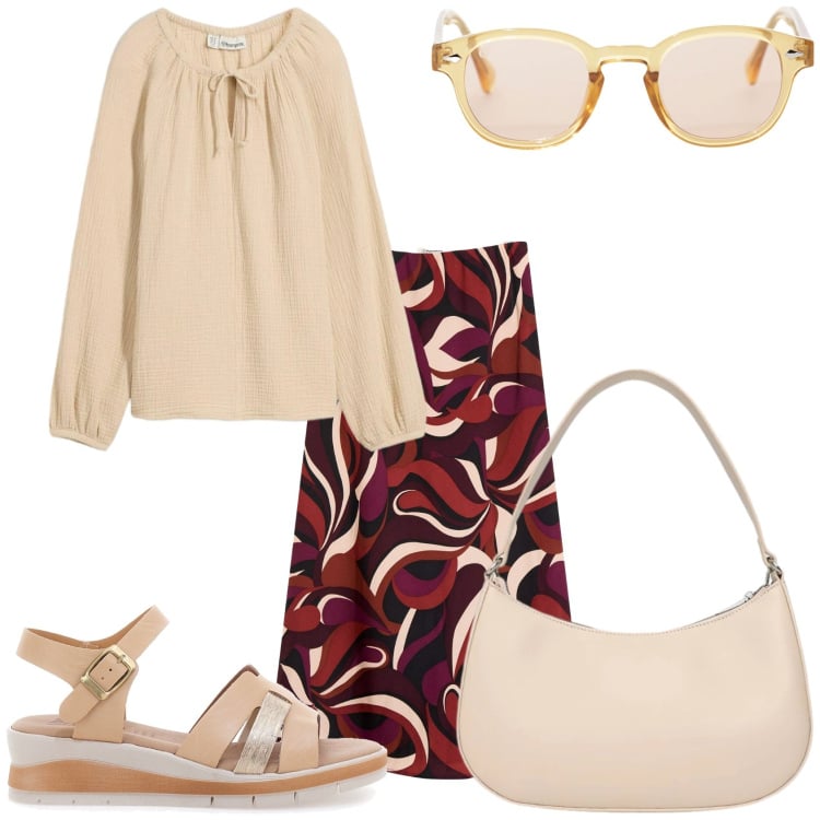 Outfit donna - In ufficio. Stile Casual chic per Ufficio. Abbinamento con gonne longuette, bluse, occhiali da sole, borse a tracolla, sandali.