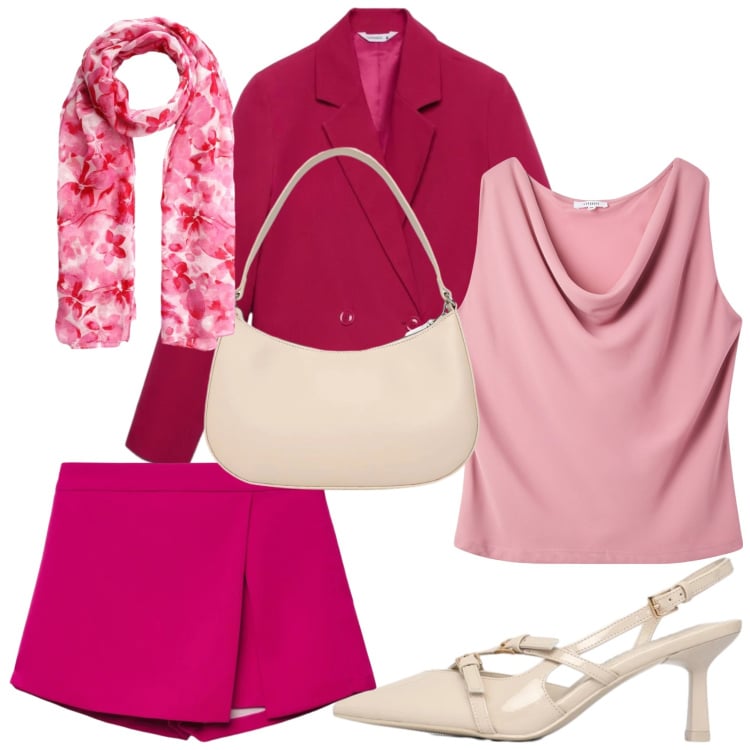 Outfit donna - Fucsia e rosa. Stile Glamour per Serata fuori. Abbinamento con gonne, canottiere, blazer, décolleté, foulard, borse a tracolla.