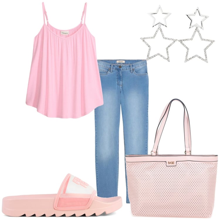 Outfit donna - Rosa mattutino. Stile Casual per Tutti i giorni. Abbinamento con jeans dritti, canottiere, orecchini, borse a spalla, ciabatte.