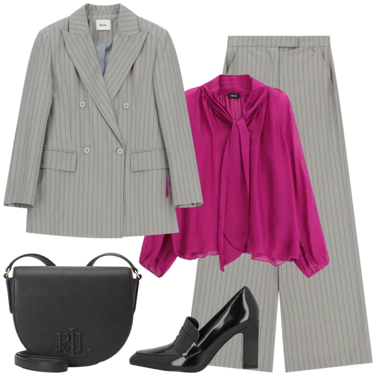 Outfit donna - Il ritorno del grigio in primavera. Stile Casual chic per Ufficio. Abbinamento con mocassini, pantaloni a palazzo, blazer, bluse, borse a tracolla.