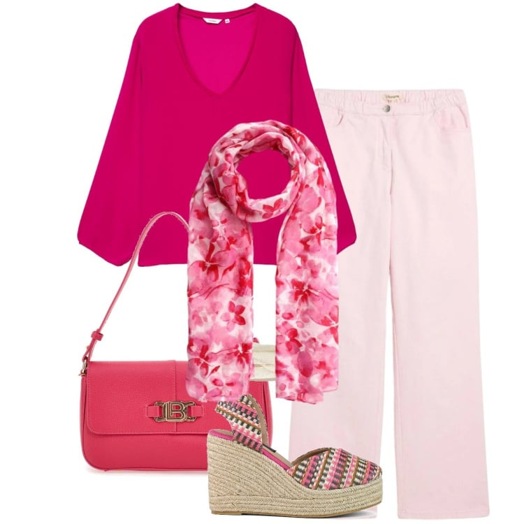 Outfit donna - Colori che illuminano - curvy. Stile Casual chic per Tutti i giorni. Abbinamento con pantaloni a palazzo, bluse, foulard, borse a spalla, zeppe.