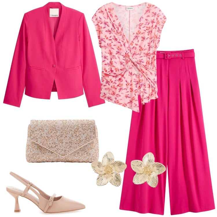 Outfit donna - Colori che illuminano - curvy. Stile Chic per Cerimonia. Abbinamento con pantaloni, blazer, orecchini, top, pochette, décolleté.