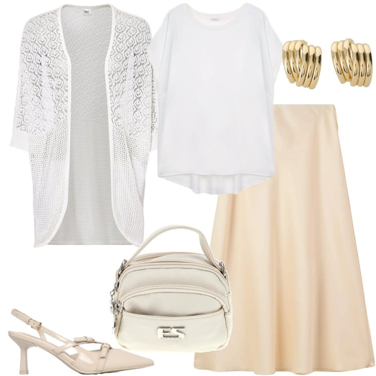 Outfit donna - Curve in movimento - curvy. Stile Romantica per Ufficio. Abbinamento con cardigans, gonne lunghe, décolleté, bluse, orecchini, borse a tracolla.