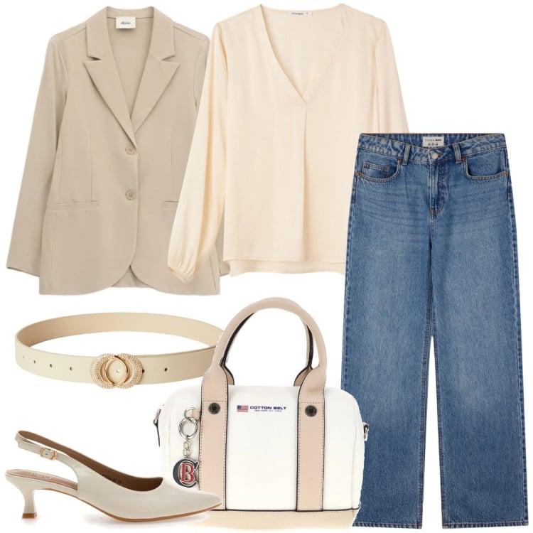 Outfit donna - Spring sale. Stile Mannish per Ufficio. Abbinamento con cinture, jeans, bluse, blazer, décolleté, borse a mano.
