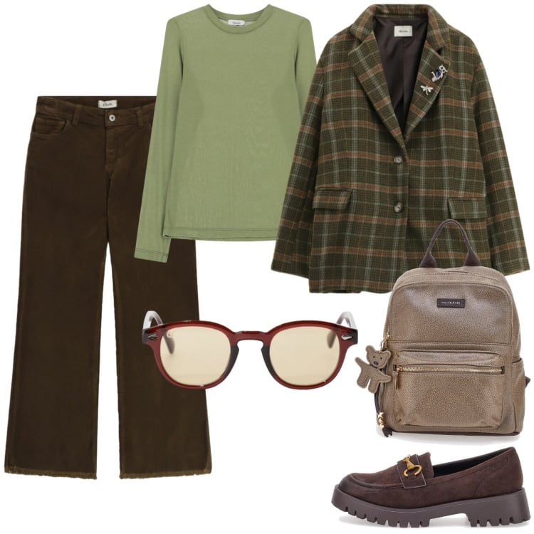 Outfit donna - Intellettuale. Stile Casual per Tutti i giorni. Abbinamento con occhiali da sole, t-shirt, blazer, pantaloni, mocassini, zaini.