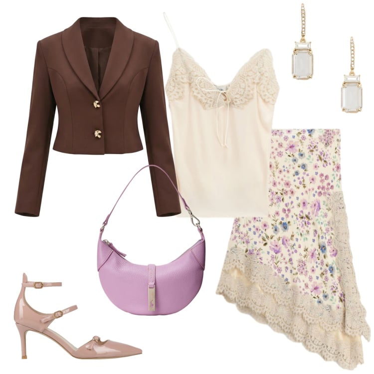 Outfit donna - Femminilità trendy. Stile Glamour per Serata fuori. Abbinamento con décolleté, blazer, gonne longuette, top, borse a spalla, orecchini.