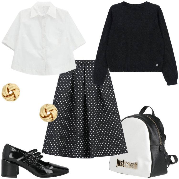 Outfit donna - Stile vintage. Stile Bon Ton per Tutti i giorni. Abbinamento con décolleté, zaini, maglieria, camicie a manica corta, gonne longuette, orecchini.