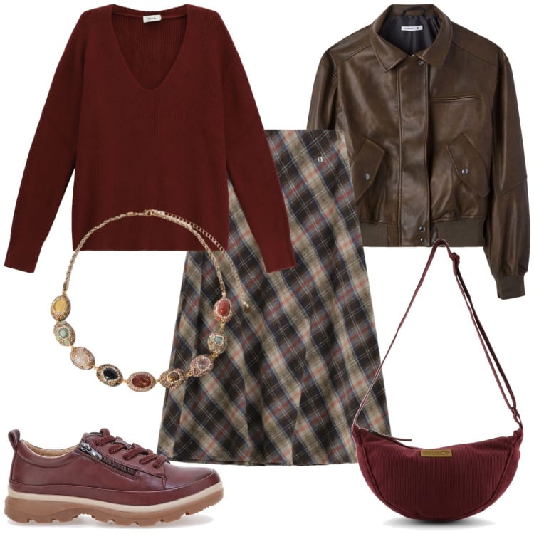 Outfit donna - Gonna scozzese maglione a scollo a v. Stile Casual per Tutti i giorni. Abbinamento con collane, gonne longuette, maglieria, borse a tracolla, scarpe stringate, giacche.