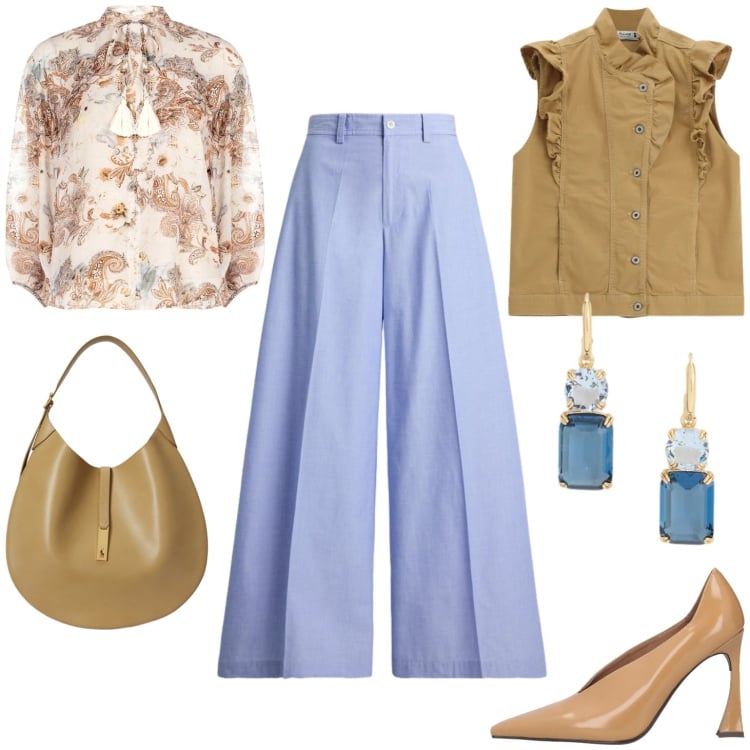 Outfit donna - Pantaloni a gamba larga azzurri. Stile Casual chic per Tutti i giorni. Abbinamento con décolleté, bluse, gilet, borse a spalla, pantaloni, orecchini.