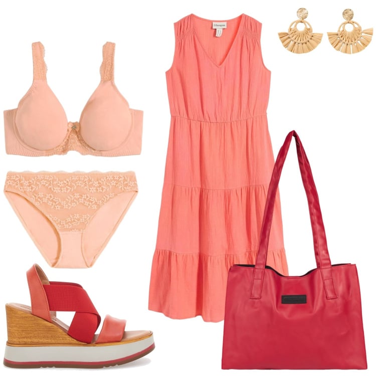 Outfit donna - Arancio per la città. Stile Casual chic per Tutti i giorni. Abbinamento con orecchini, vestiti, culotte, reggiseni, shopping bag, sandali.