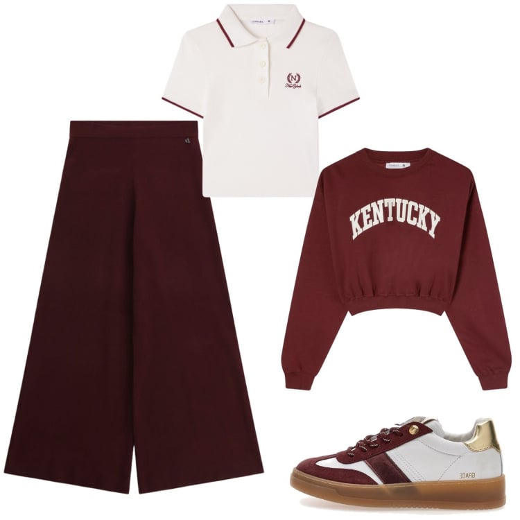 Outfit donna - Sportiva. Stile Sporty chic per Tutti i giorni. Abbinamento con polo, felpe, pantaloni a palazzo, sneakers.