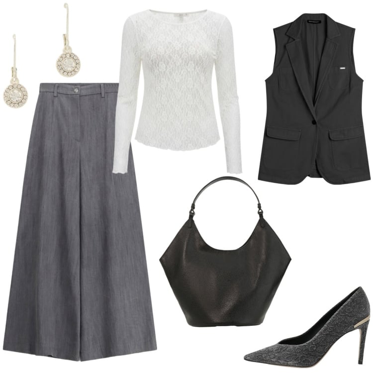 Outfit donna - Toni del grigio. Stile Casual chic per Serata fuori. Abbinamento con décolleté, pantaloni a palazzo, borse a spalla, bluse, gilet, orecchini.